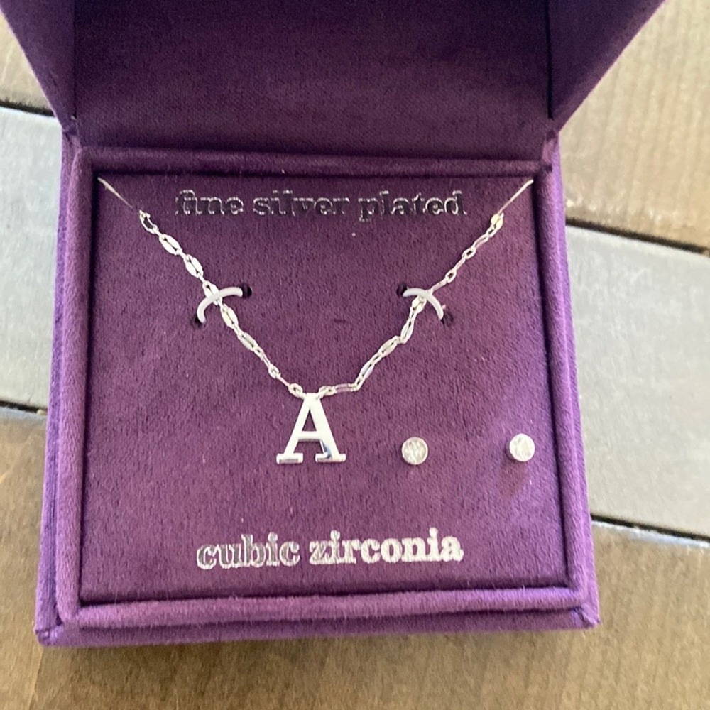 Silver plated Cubic Zirconia "A" Necklace Stud Earring Gift Set Christmas Presen